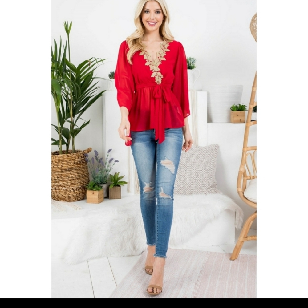 Chiffon-Like Red Top with Bell Sleeves and Gold Details around Neckline - Picture 9 of 11